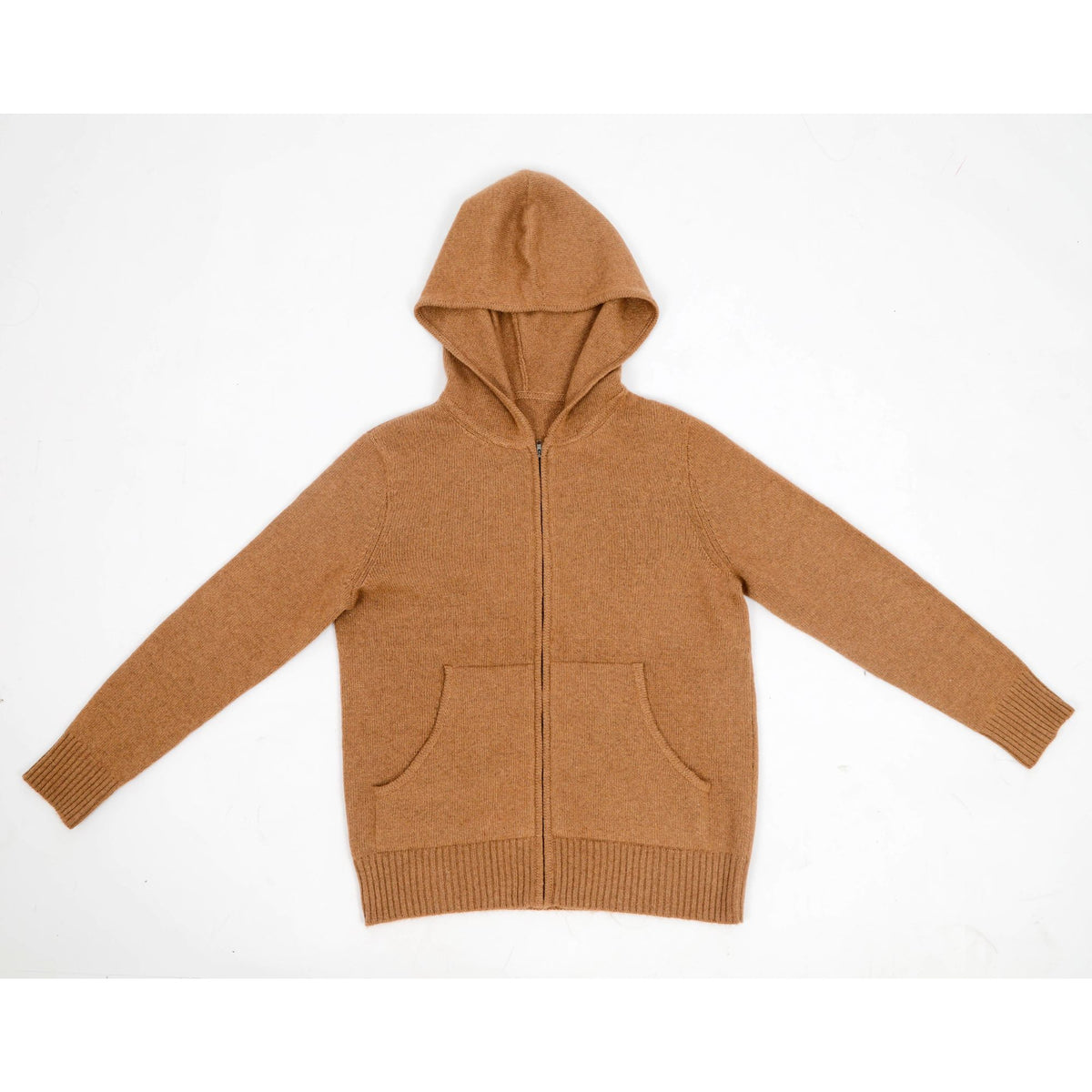 Men's baby camel wool full zip hoodie in camel, worn
