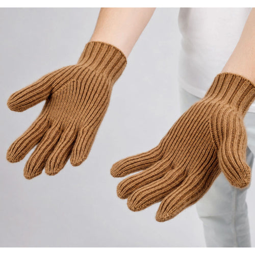 Gobi Grace men's baby camel wool ribbed gloves, worn