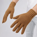 Ribbed baby camel wool gloves showing long wrist cuff