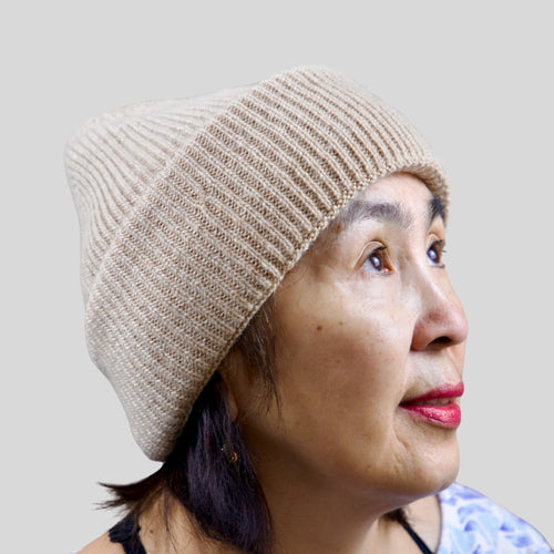 Unisex white camel wool chunky rib beanie in cream