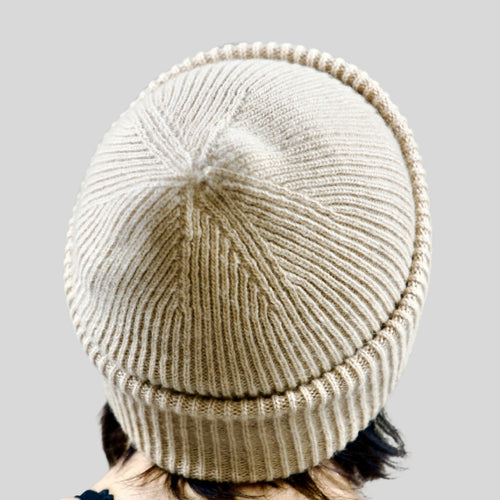 Undyed white camel wool chunky rib beanie, side view
