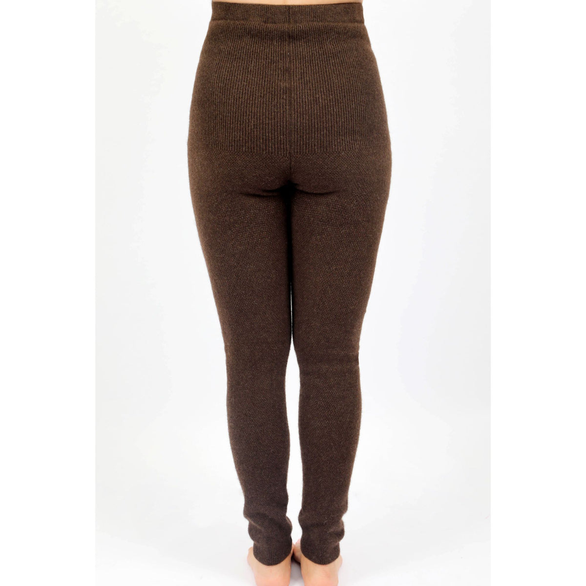 Dark brown yak wool stretch knit leggings, back view