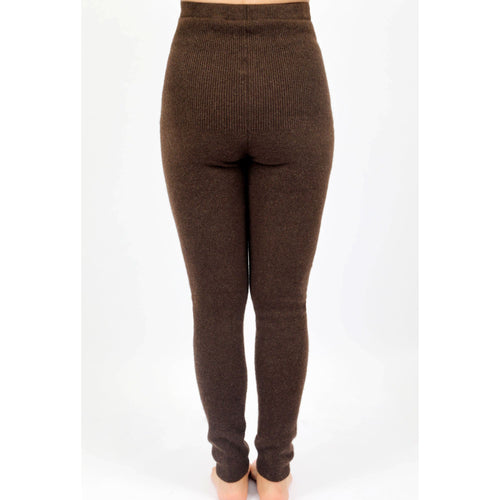 Dark brown yak wool stretch knit leggings, back view